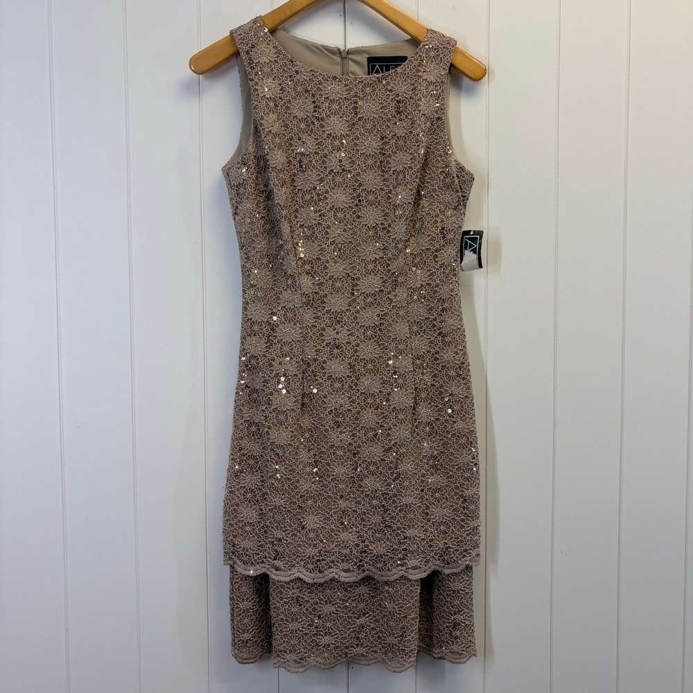 Alex Evenings Cocktail Floral Lace Sequin Tiered Dress Women Size 8 Glam Formal